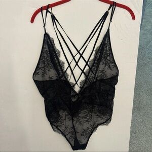 Victoria’s Secret Very Sexy Lace Sheer Plunge Bodysuit G String Large Black